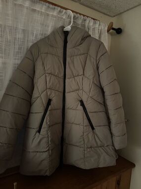 Bernardo Taupe Quilted Puffer Coat with Black Zippers